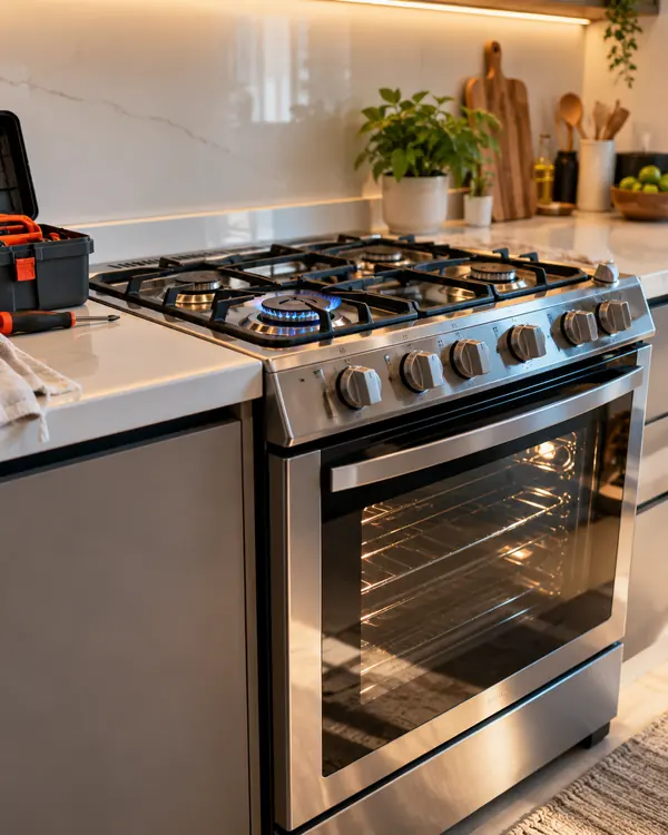 Fogão de inox com uma boca acesa e forno iluminado