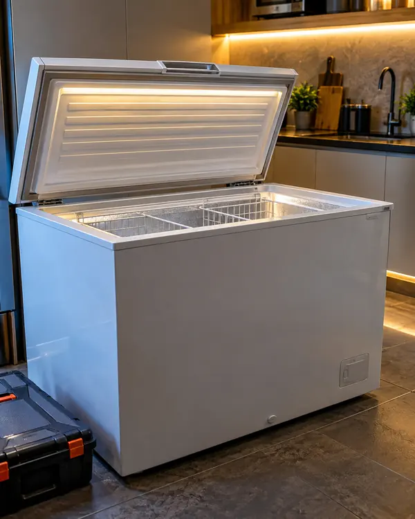 Freezer horizontal branco com a tampa aberta em cozinha