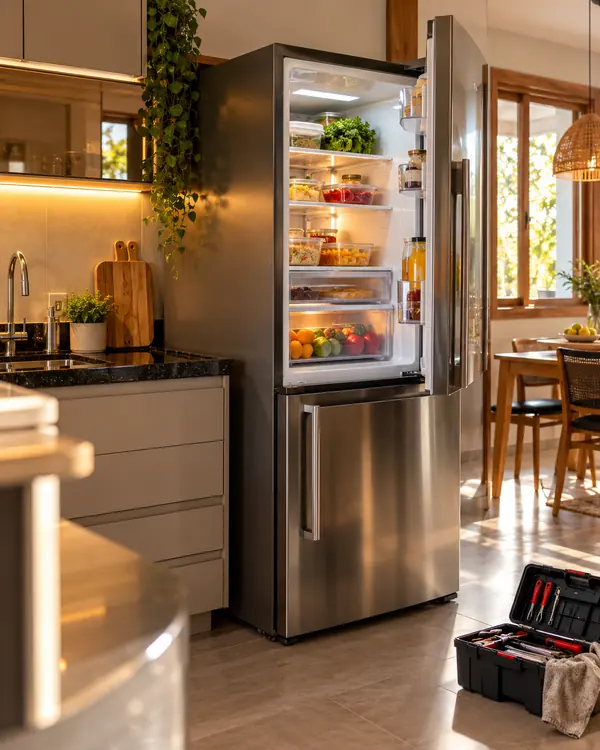 Geladeira de inox aberta e cheia de alimentos, com a caixa de ferramentas do técnico no chão