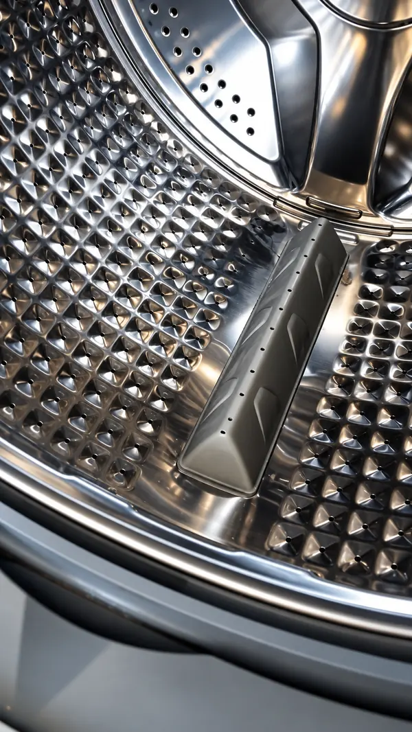 Tambor de inox de uma lava e seca visto de perto